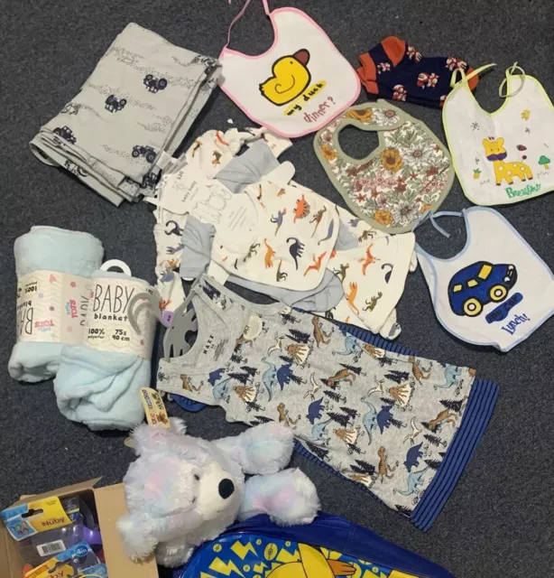 Bulk baby boy 4-6 Months Clothing lot Blankets And Sippie Cups , Bibs And A Bear