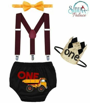 Baby Boy One Truck Construction Theme Cake Smash 1st Birthday Photo Shoot Outfit