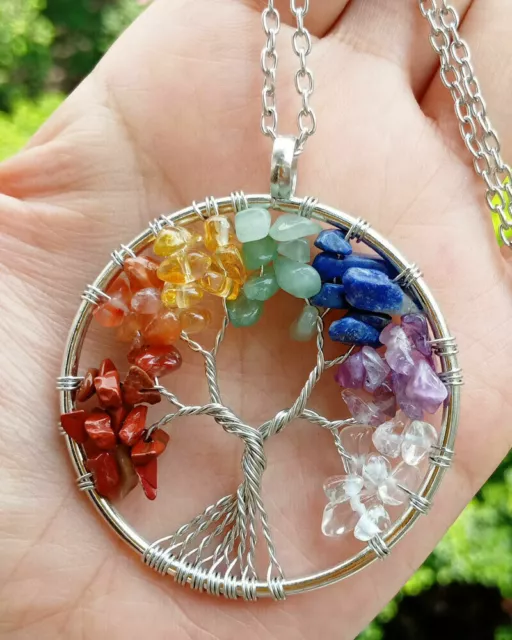 Natural Gemstone Tree of Life Pendant Necklace 7 Chakra Healing Crystal Charm