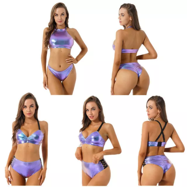 Women's Shiny Leather Bikini Set Swimwear Bra with Thong Beachwear Bathing Suit