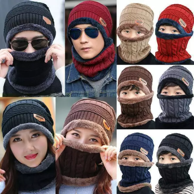 Men Women Kids Winter Knit Beanie Hat with Scarf Sets Fleece Warm Balaclava Caps