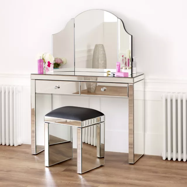 Venetian Mirrored Dressing Table Set with Black Stool - VEN66-VEN05B-VEN41