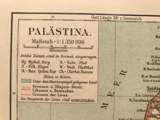 Landkarte Palästina, Jerusalem, Beirut, Haifa, Meyer 1892