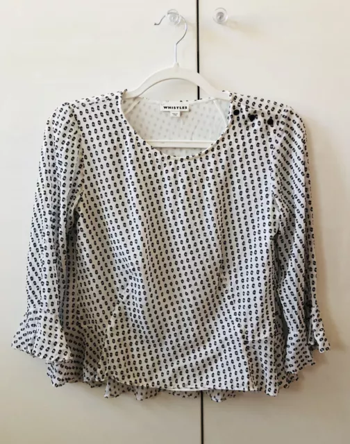 Whistles Black White Dotty Silk Blouse Top 3/4 Length Sleeve Frill Hem UK 8 EU36