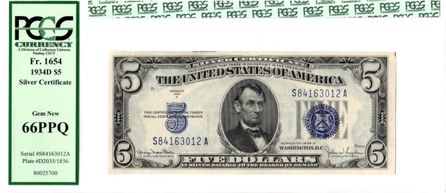$5 NO RESERVE !!  1934D $5 Silver Certificate SA Block GEM NEW 66PPQ FR1654