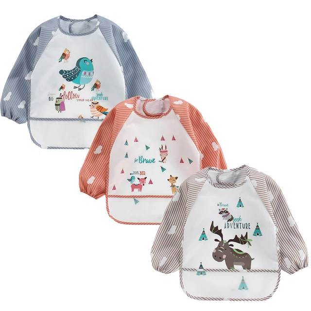 3PCS Bavoirs Manches Longues Etanches Blouse Peinture Enfant Tablier d'Alimentat