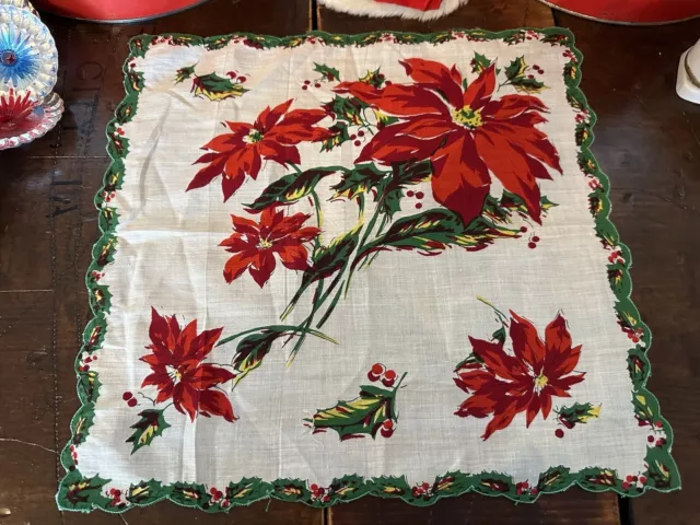 Vintage Hanky, Handkerchief, Christmas Poinsettias, White, Red & Green