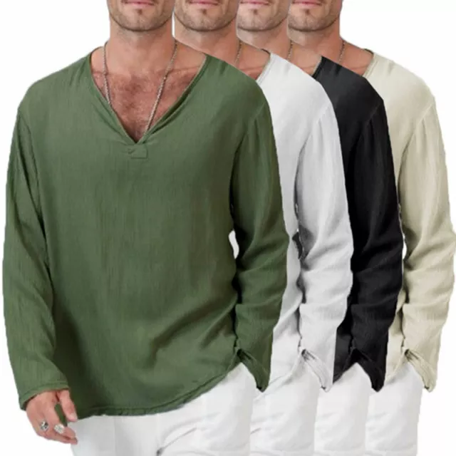 Stile Cinese Uomo Scollo V Cotone Lino T-Shirt Maschile Manica Lunga Top ^