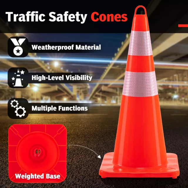 10/12 Pack Traffic Safety Cones PVC Orange Cones W/ Reflective Collar & Handle 2