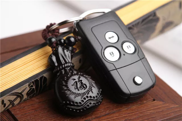 3D Ebony Wood Carving Chinese Blessing Money Bag Sculpture Pendant Key Chain