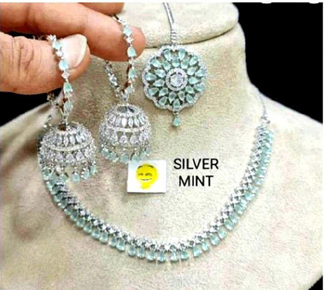 Designer Indian Bollywood Silver Plated Mint Necklace Jhumka Tika Set