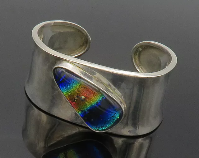 925 Sterling Silver - Vintage Dichroic Glass Shiny Smooth Cuff Bracelet - BT5937