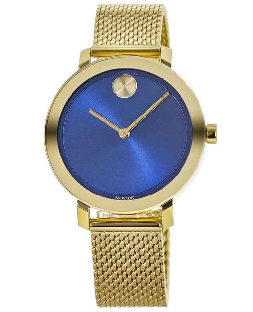 New Movado Bold Blue Dial Gold Tone Steel Women's Watch 3600671