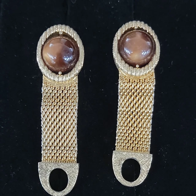 Vintage Swank Gold-Tone Wrap-Around Mesh Cufflinks w/Amber-Brown Glass Stones