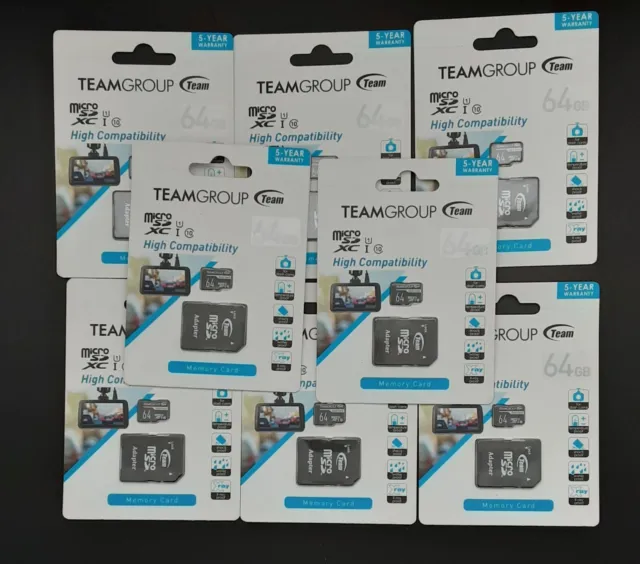 New, Lot of 8 TEAMGROUP 64G MicroSDXC Dash Card (#TDUSDX64GUHS03)