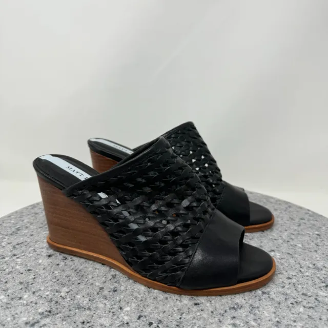 Matt Bernson Sandals Womens 6 Wedge Black Leather Woven Slip On Heels Shoes