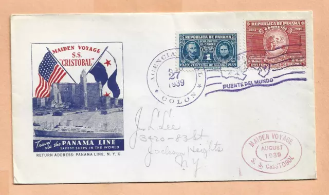 S.s. Cristobal Maiden Voyage Panama Line Aug 27,1939   Martindale  Naval Cover