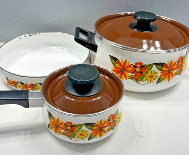 ENAMEL SAUCE POT Pans Orange/Brown Flowers with Lids Vintage 70s 80s