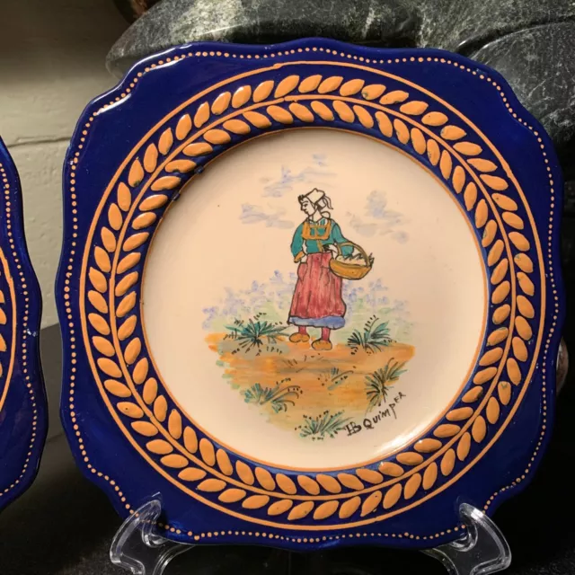 c.1900 HB Quimper France Broderie & Cobalt Trim Breton Man & Woman Square Plates 3