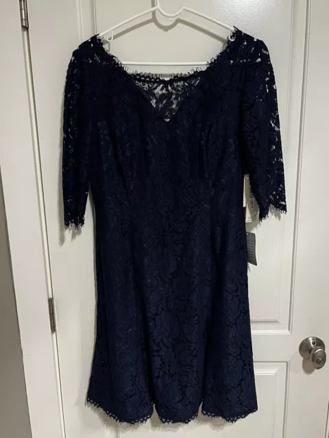 NWT Eliza J  Sz 10 Fit & Flare Dress, Navy Lace Bodice Scalloped Knee Length