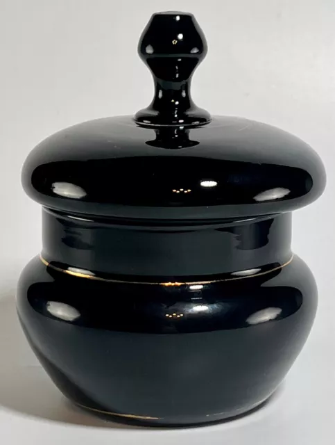 Vintage Black Glass Puff Trinket Box Jar Gold Trim Art Glass Vanity Dresser