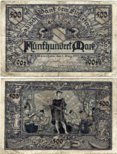 Banknote 500 Mark 1922 Mannheim Badische Bank BAD-7b Ro.710 P-S909