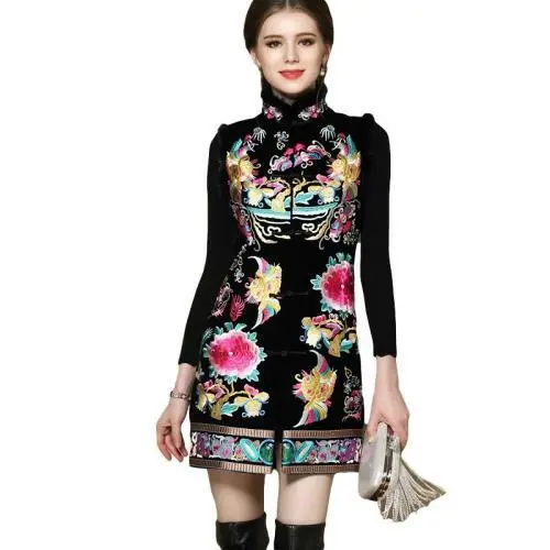 Women Embroidery Sleeveless Qipao Luxury Chinese Mid Long Cheongsam Vest Party L