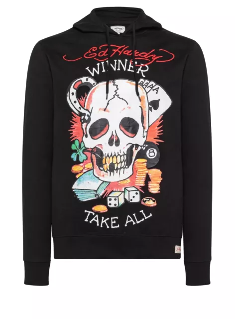 Felpa Uomo con Cappuccio Nuova Originale ED HARDY Nera 100% Cotone Tattoo Design