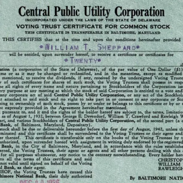 Lot (6) 1936 Central Public Utility Corporation Share Certificates Baltimore MD