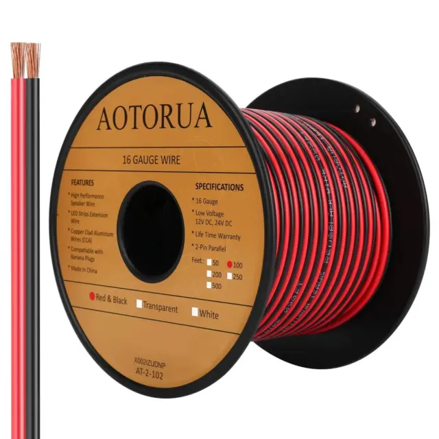 100FT 16/2 Gauge Red Black Cable Hookup Electrical Wire, 16AWG 2 Conductor