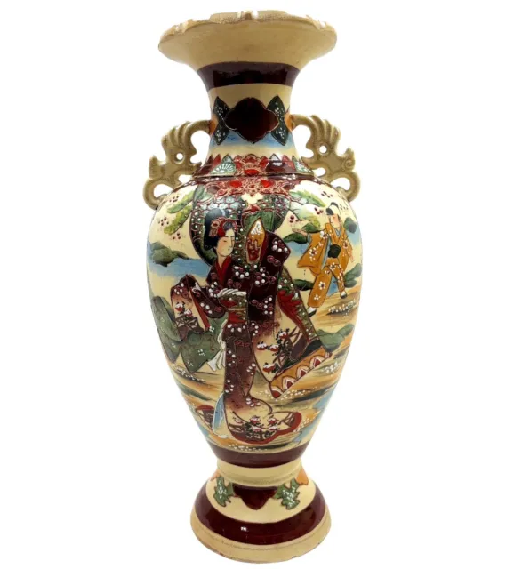 16" Antique Vtg Signed Japanese Satsuma Moriage Geisha Floral Hand Painted Vase