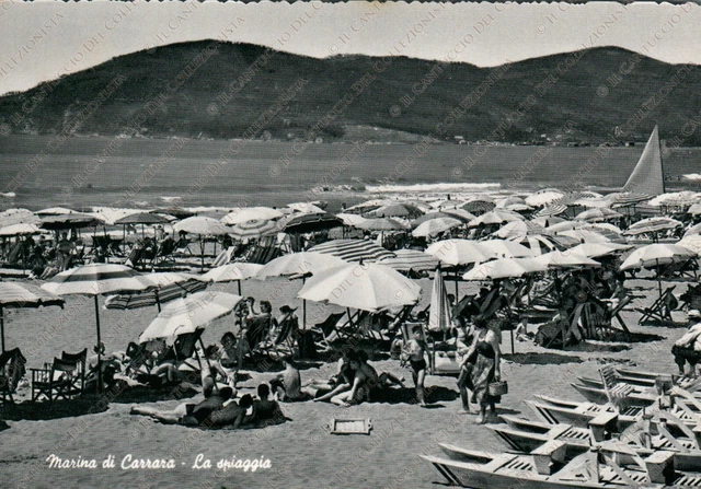 1958 MARINA DI CARRARA La spiaggia panorama mare Cartolina
