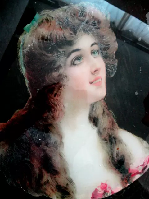 Antique Victorian  Reverse Print Painting Glass Flu  Cover Lady Romantic Cottage