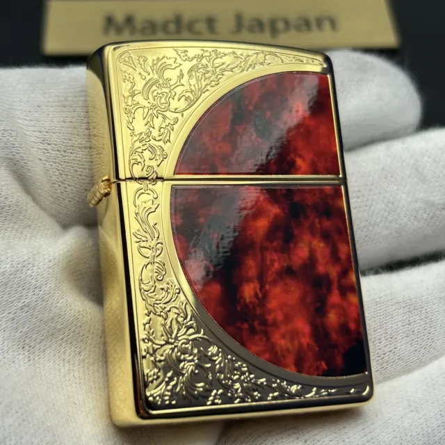Zippo Marble Arabesque Red Gold Etching Regular Case Oil Lighter Japan