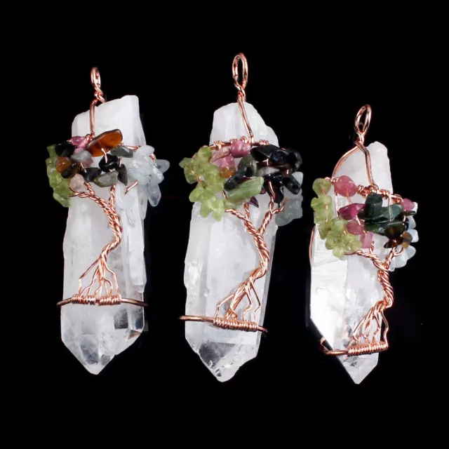 Natural Raw Stone Healing Crystal Tree of Life Wire Wrap Quartz Chakra Pendant