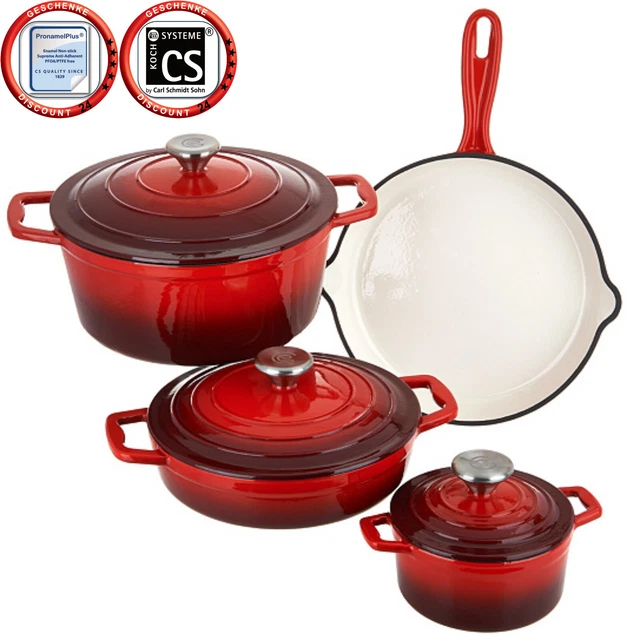 7 tlg Kochtopf Set Gusseisen Topf induktion Schmortopf Bräter Pfanne Suppentopf