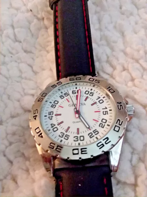 Geneva Men's Leather Black w/Red Stitching Strap Watch SR626