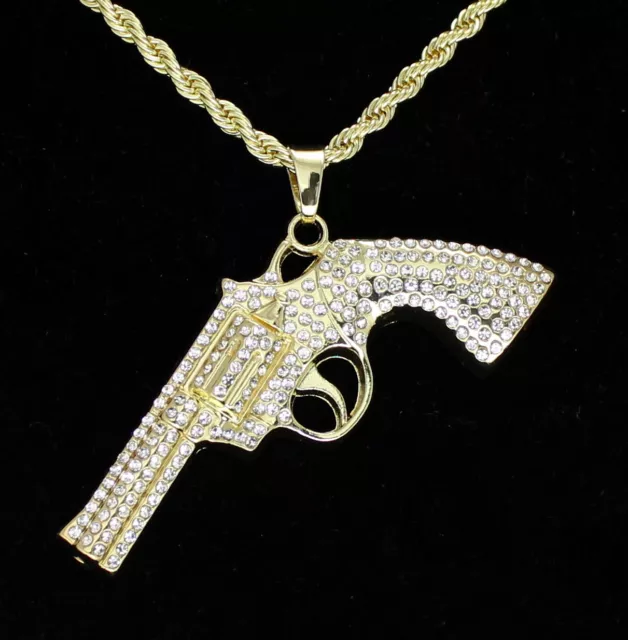 Mens Revolver Gun Pistol CZ Pendant 14k Gold Plated 24" Rope Necklace Hip Hop