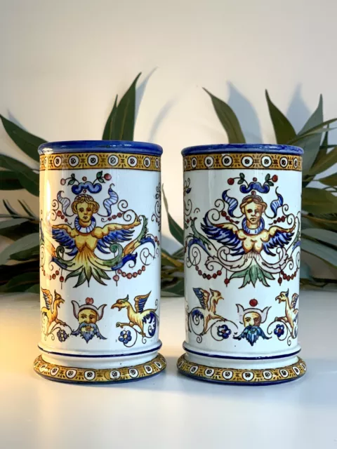 Antique French Gien Faience Decoration Hand Painted Vases or Storage Vessels