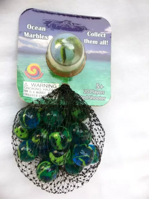 Mega Marbles Sea Turtle Bag 20 Glass 20 Players 1 Printed Shooter Net Bag NOS