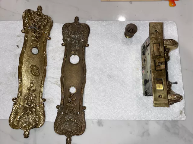 Omnia Front Door lock set hardware Large 15” Backplate Solid Brass Heavy Ornate