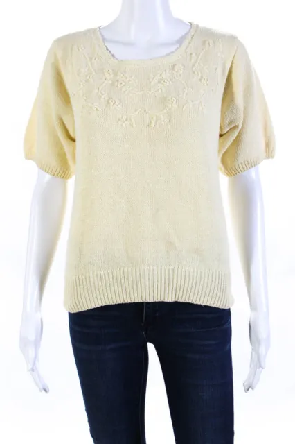 Robert Scott Ltd Womens Short Sleeve Floral Embroidered Sweater Yellow Size S