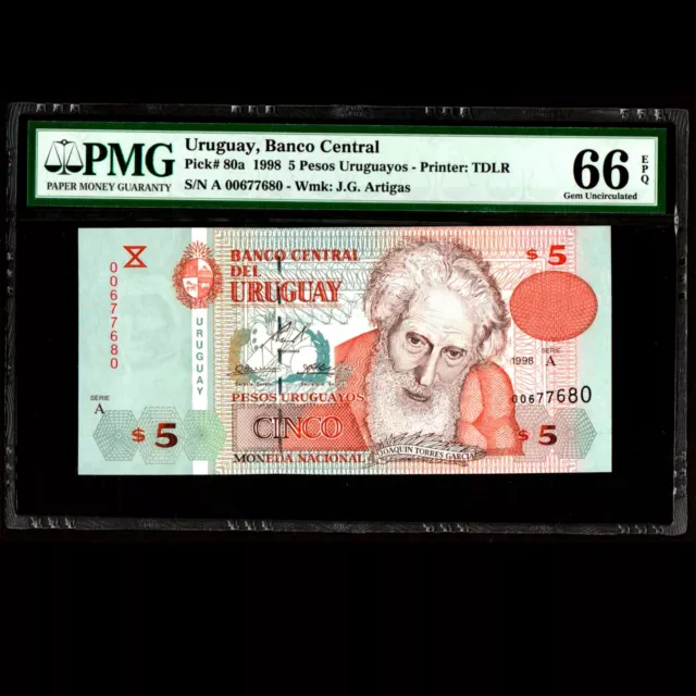 Banco Central del Uruguay 5 Pesos 1998 PMG 66 GEM UNC P-80a Printer De la Rue