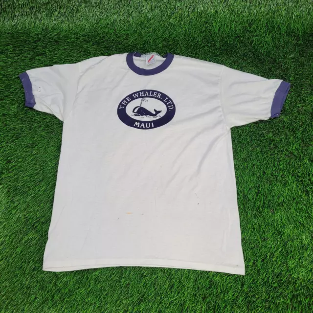 Vintage The-Whaler-Limited Maui Hawaii Hawaiian Ringer Shirt M (L) White Blue