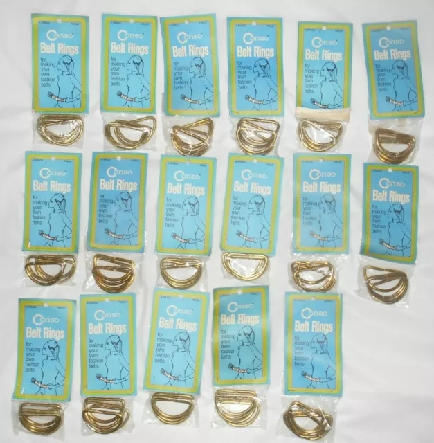 ANILLOS EN D CINTURÓN CONSO 17 paquetes. 4ea. =68 para hacer cinturones de metal dorado pesado vintage nuevo de lote antiguo