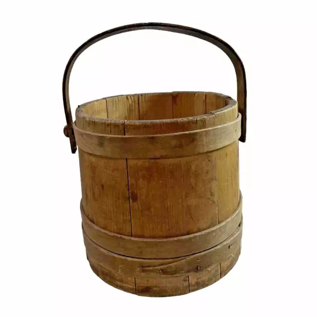 Primitive WOODEN PAIL / BUCKET with WOOD HANDLE 9.5" Rustic ANTIQUE AMERICANA