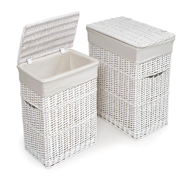 Badger Basket Wicker Two Hamper Set with Liners - White