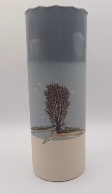 Studio Pottery Sleeve Cylinder Blue Vase Trees & Birds