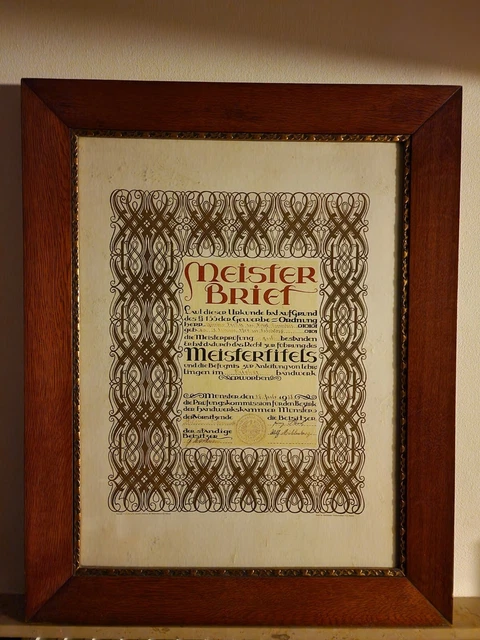 1928 Alter Meisterbrief  Bäcker Horst-Emscher, Füchtorf Münster Rahmen aus Eiche