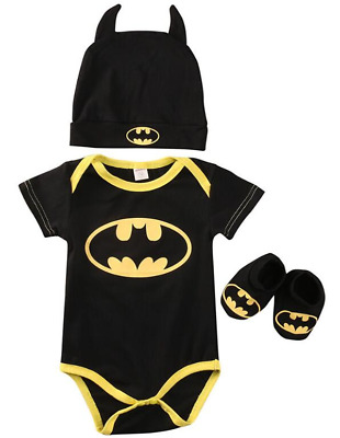 Newborn Infant Baby Boy 3PCS Batman Romper Stock Shoes Hat Beanie Outfit Clothes